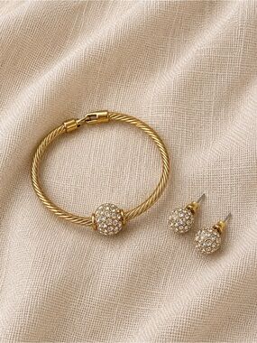 Gold Tone Rhinestone Ball Bangle Bracelet & Stud Earrings Set
